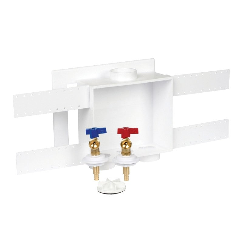 Oatey 38528 Washing Machine Outlet Box, 1/2 in Pex Crimp Connection, Brass/Polystyrene, White