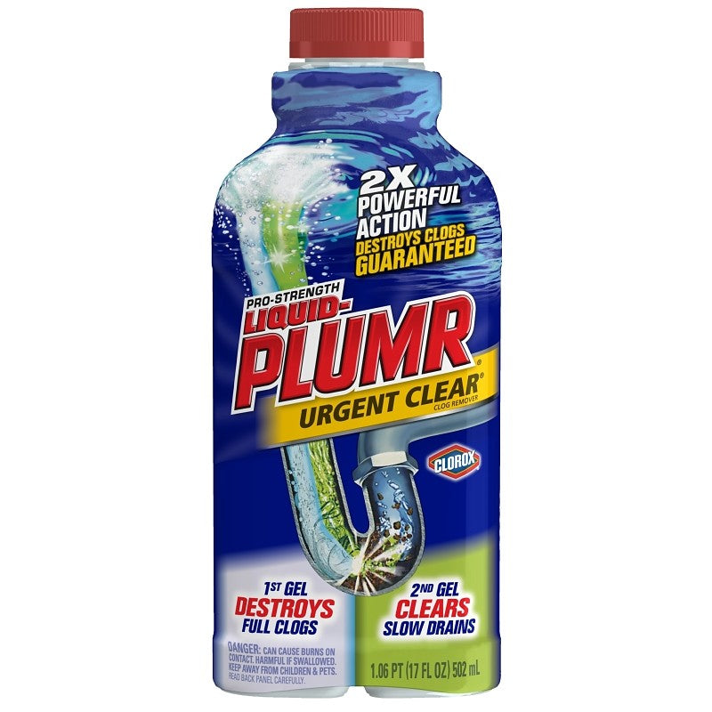 Liquid-Plumr 30548 Clog Remover, Liquid, Clear/Pale Yellow, Bleach, 17 oz Bottle