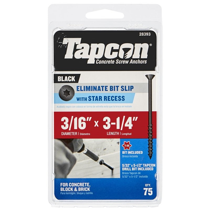 Tapcon 28393 Concrete Screw Anchor, 3/16 in Dia, 3-1/4 in L, Steel, Climaseal