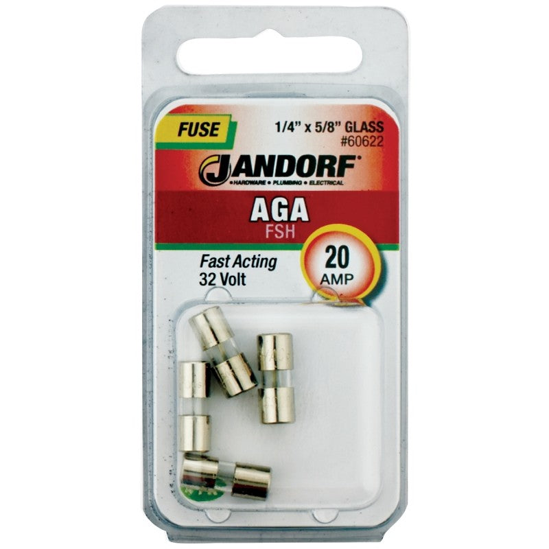 Jandorf 60622 Series Fast Acting Fuse, 0.003 Ohm, 20 A, 32 V, 1 kA Interrupt, Glass Body