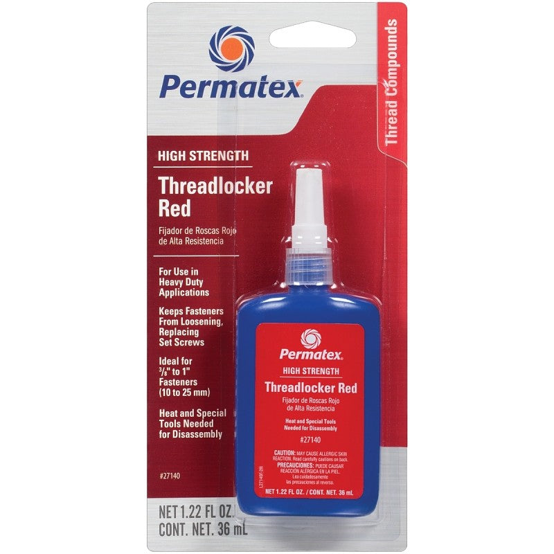 Permatex 27140 Threadlocker, Liquid, Mild, Red, 36 mL Bottle