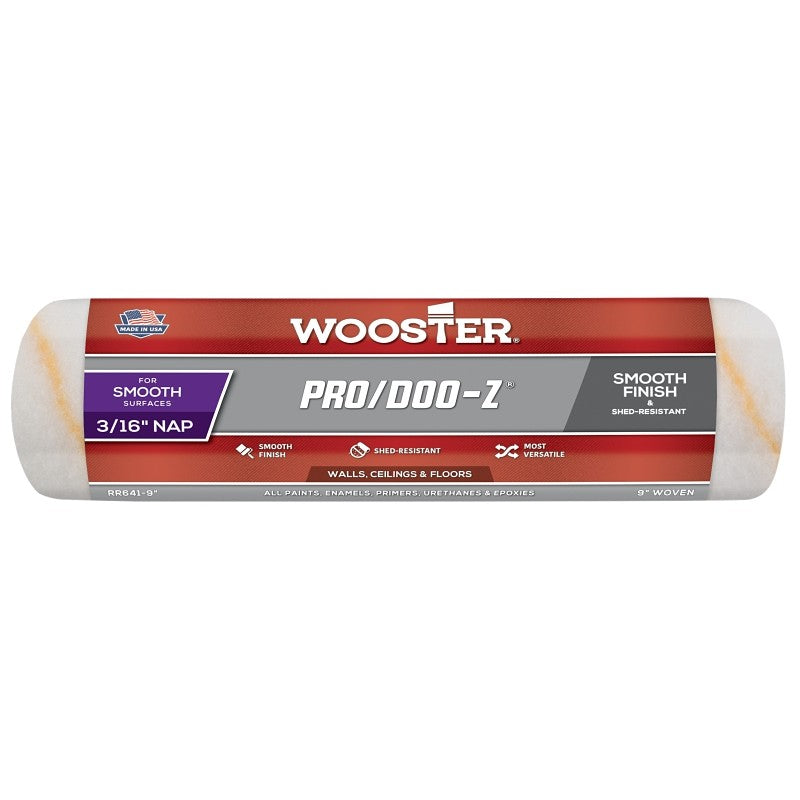 Wooster RR641-9 Roller Cover, White, 3/16 in Thick Nap, 9 in L, Fabric Cover