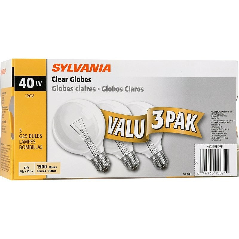 Sylvania 15871 Incandescent Lamp, Clear Lamp, 4.44 in L Dimensions, 40 W, G25 Lamp, Medium Lamp Base, 300 Lumens