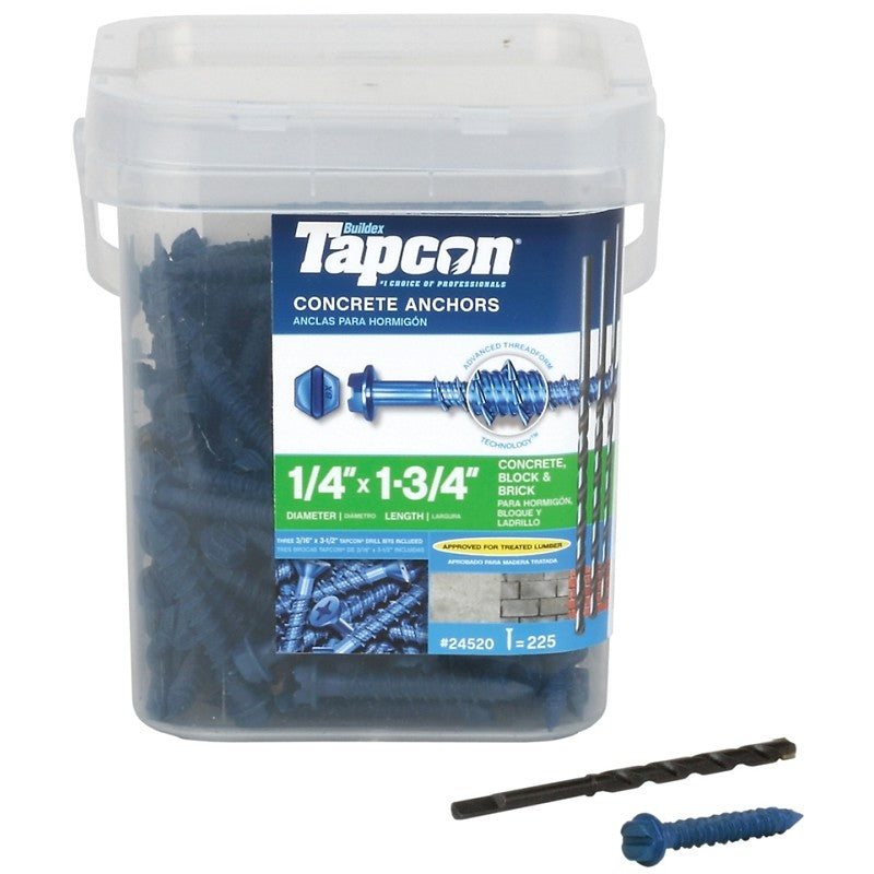 Tapcon 24520 Screw Anchor, 1-3/4 in L, Hex Drive, Steel, Climaseal