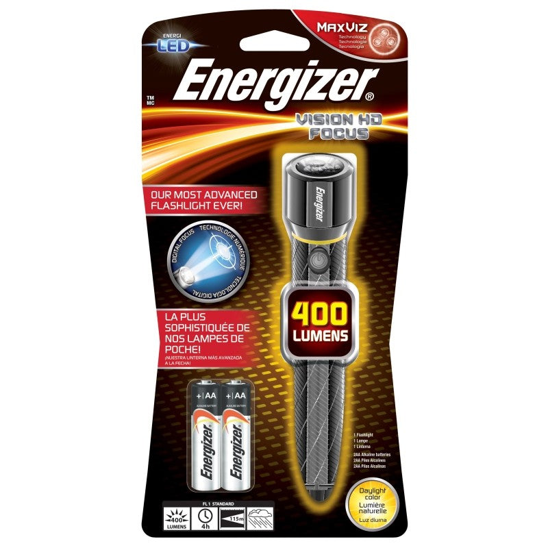 Energizer EPMZH21E Flashlight, AA Battery, LED Lamp, 400 Lumens, 115 m Beam Distance, 4 hr Run Time, Silver