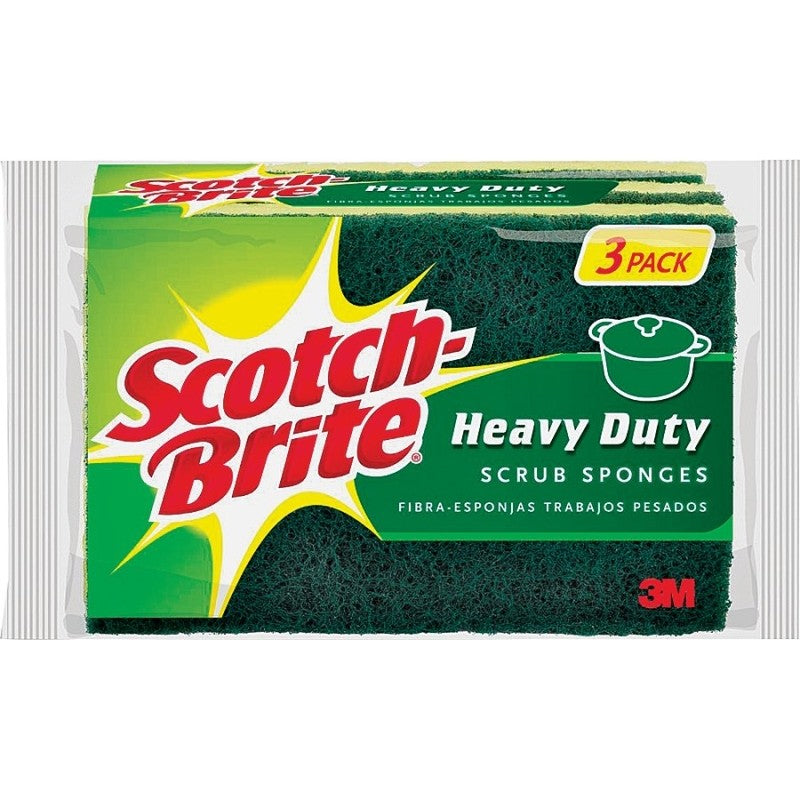 Scotch-Brite HD-3 Scrub Sponge, 2-3/4 in L, 4-1/2 in W, 0.6 in Thick, Cellulose/Synthetic Fiber, Green