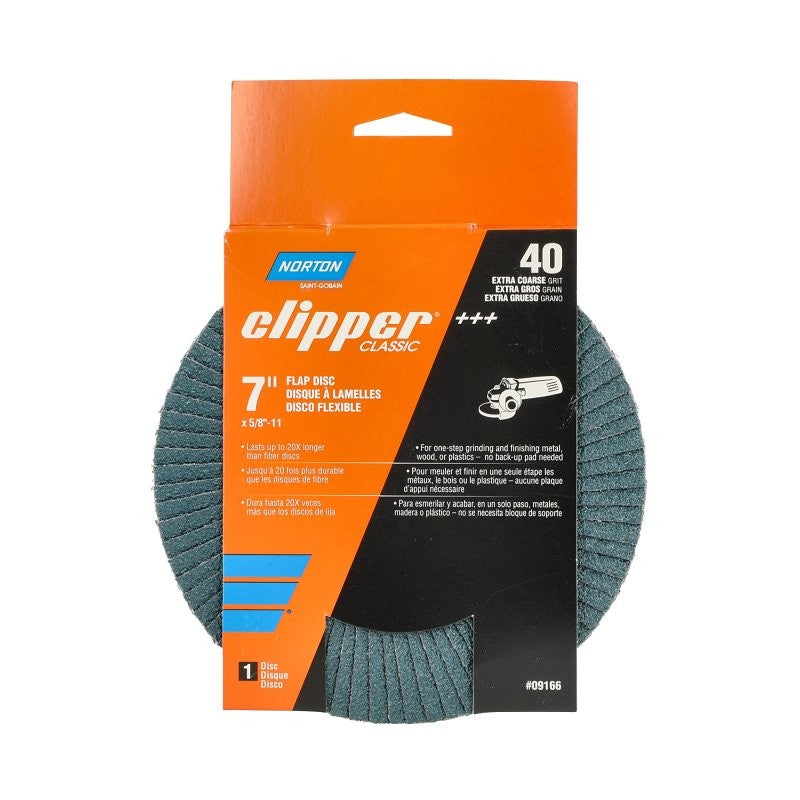 Norton Clipper 70184609166 Flap Disc, 7 in Dia, 5/8-11 Arbor, 40 Grit, Coarse, Zirconia Alumina Abrasive