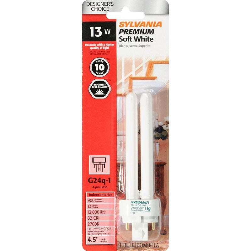Sylvania 20942 Compact Fluorescent Bulb, 13 W, T4 Lamp, G24Q-3 Lamp Base, 900 Lumens, 2700 K Color Temp