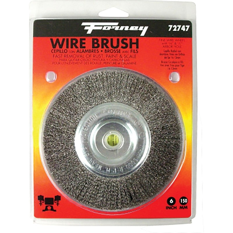Forney 72747 Wire Wheel Brush, 6 in Dia, 1/2 to 5/8 in Arbor/Shank, 0.008 in Dia Bristle