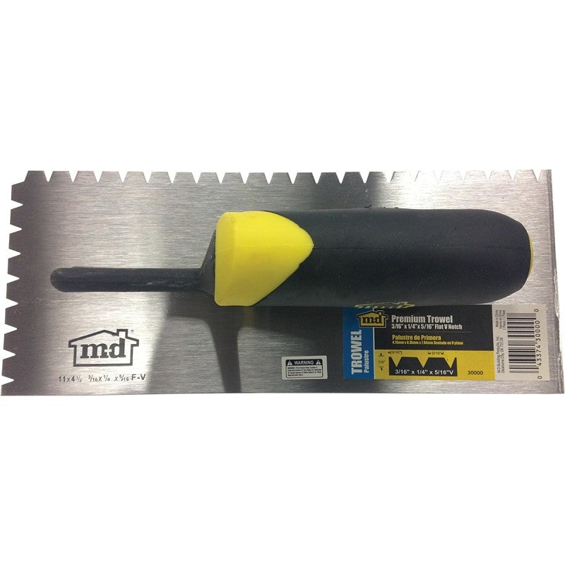M-D 30000 Tile Installation Trowel, 11 in L, 4-1/2 in W, Flat V Notch, Comfort-Grip Handle