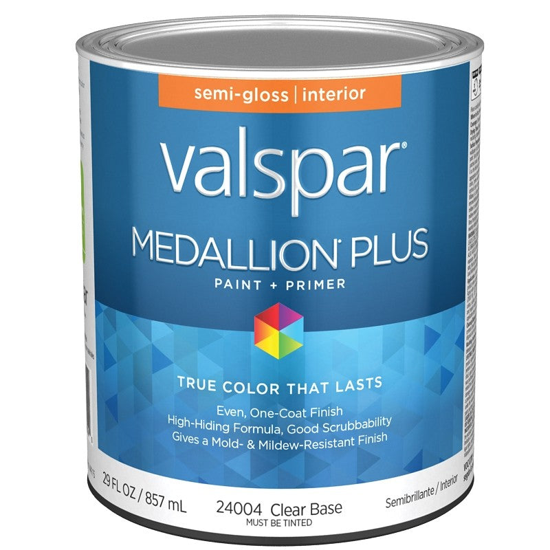 Valspar Medallion Plus 2700 028.0024004.005 Latex Paint, Acrylic Base, Semi-Gloss Sheen, Clear Base, 1 qt