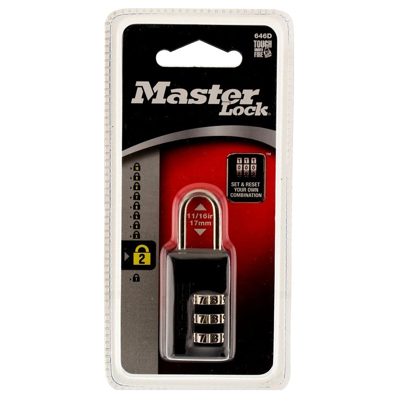 Master Lock 646D Padlock, 13/16 in W Body, 1/8 in Dia Shackle, 11/16 in H Shackle, Steel Shackle, Zinc Body, Black