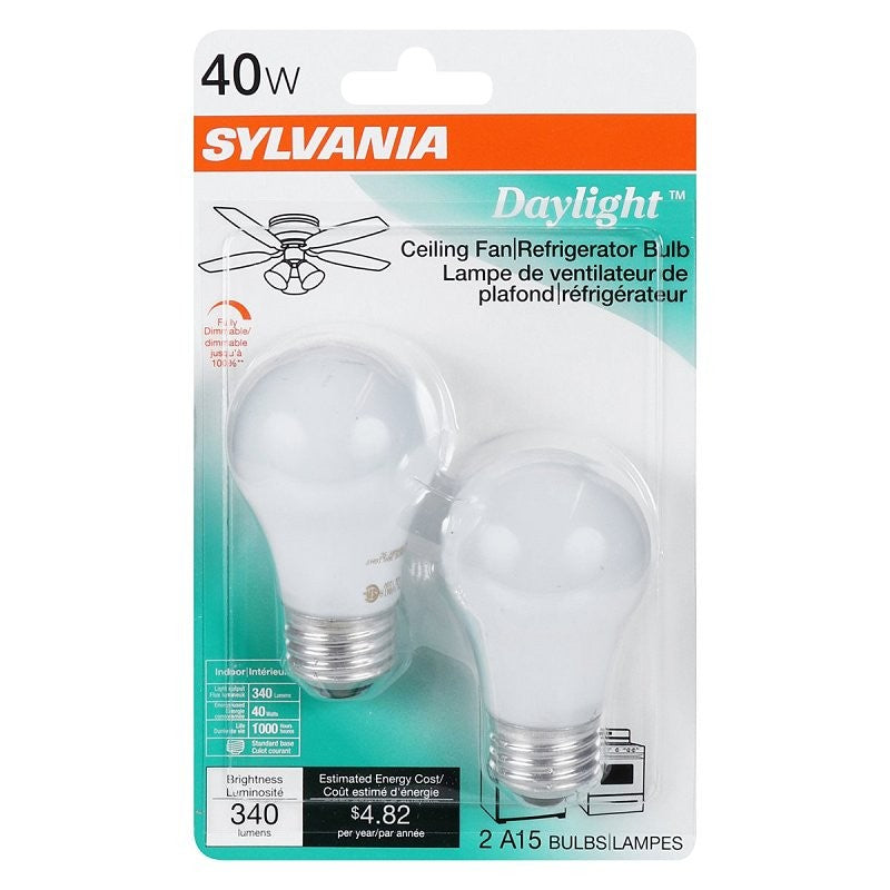 Sylvania 10181 Incandescent Bulb, 40 W, A15 Lamp, Medium E26 Lamp Base, 340 Lumens, 6550 K Color Temp, Daylight Light