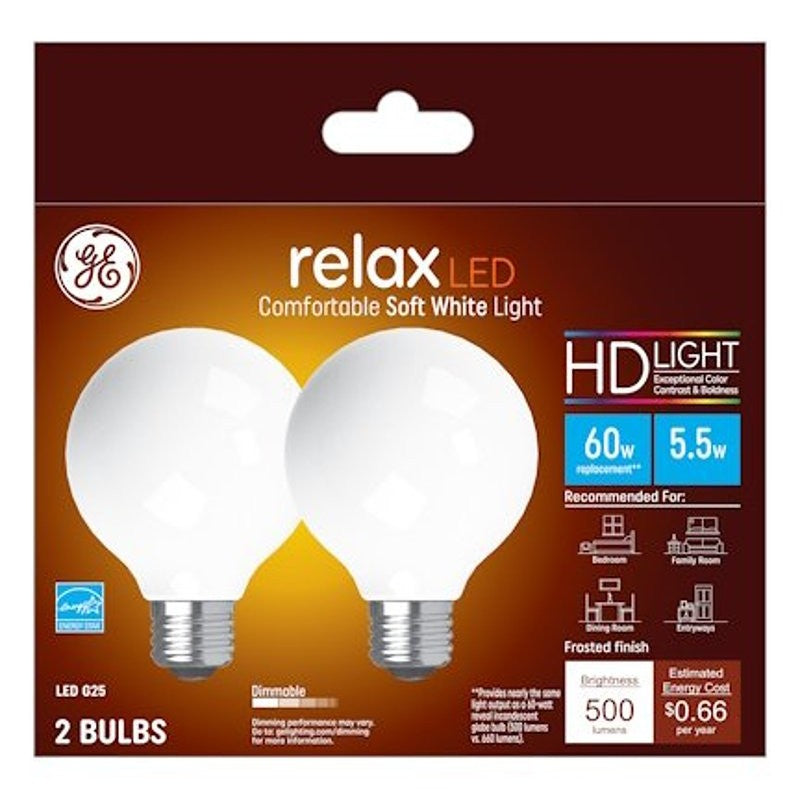GE Relax Series 31696 Replacement LED Light Bulb, G25 Lamp, 60 W Equivalent, E26 Medium Lamp Base, Dimmable, White