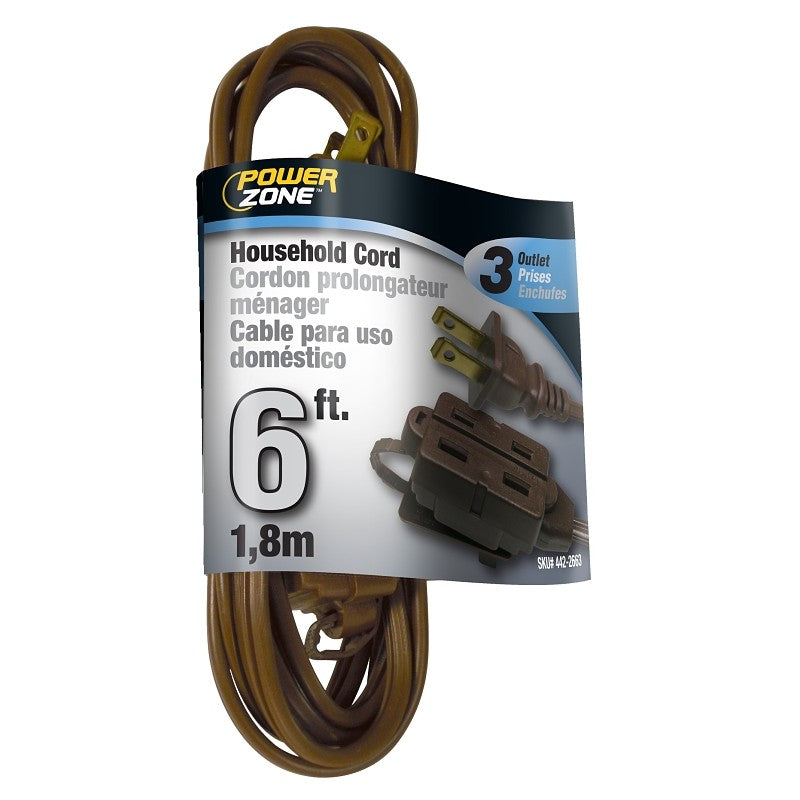 PowerZone OR670606 Extension Cord, 16 AWG Cable, 6 ft L, 125 V, Brown