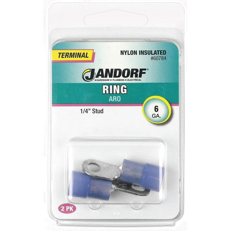 Jandorf 60784 Ring Terminal, 6 AWG Wire, 1/4 in Stud, Nylon Insulation, Copper Contact, Blue