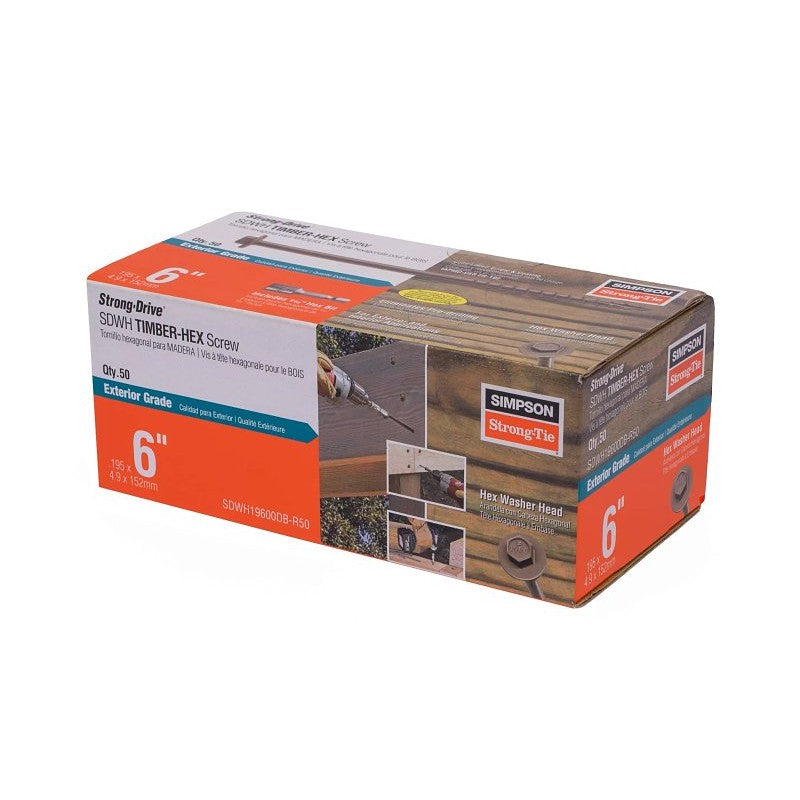 Simpson Strong-Tie Strong-Drive SDWH SDWH19600DB-R50 Timber Screw, 6 in L, Coarse Thread, 2-3/4 in Thread
