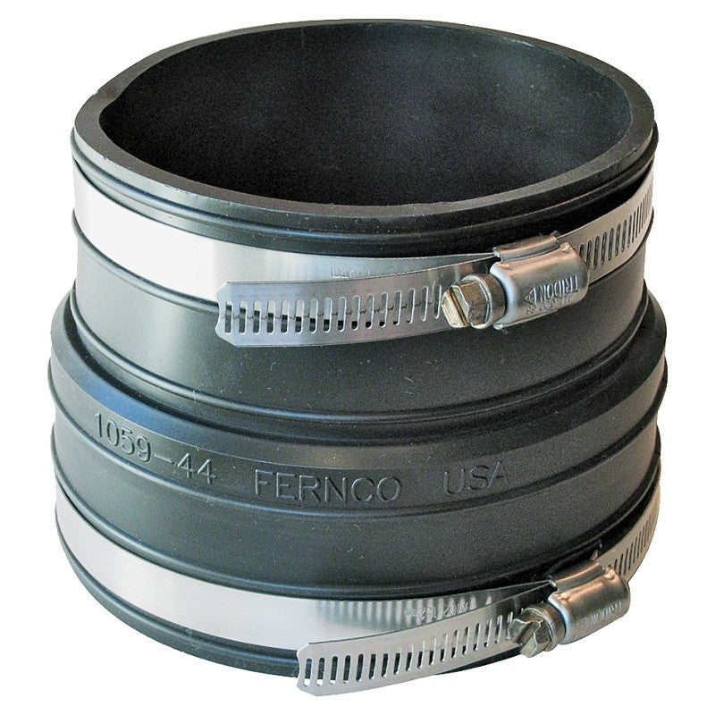 Fernco P1059-44 Flexible Coupling, 4 in, Socket, PVC, Black, SCH 40 Schedule, 4.3 psi Pressure