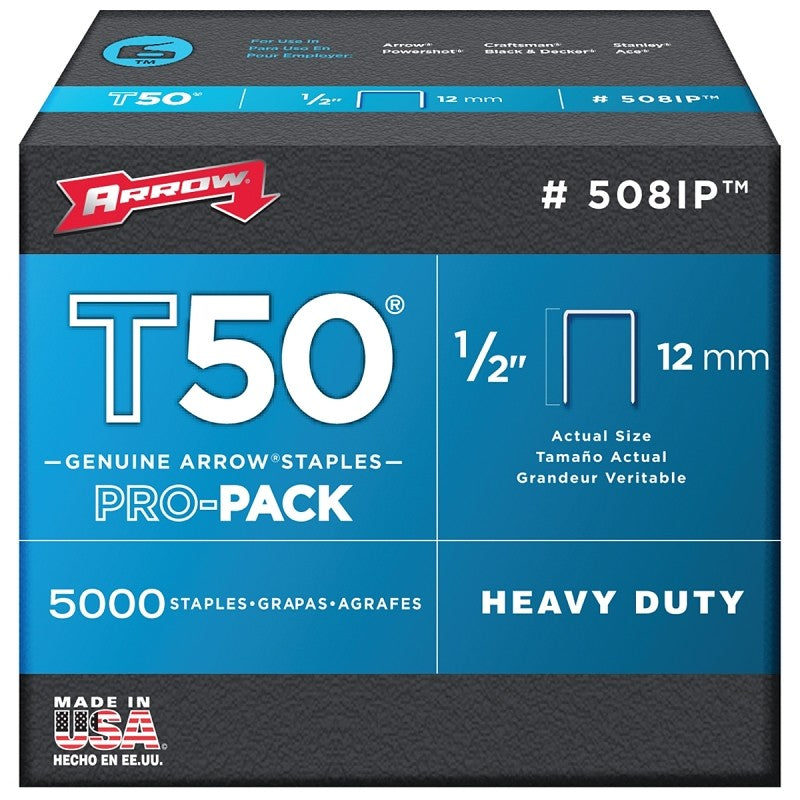 Arrow T50 Series 508IP Staple, For: ET50, ET50BN, ET50PBN Stapler, 3/8 in W Crown, 1/2 in L Leg