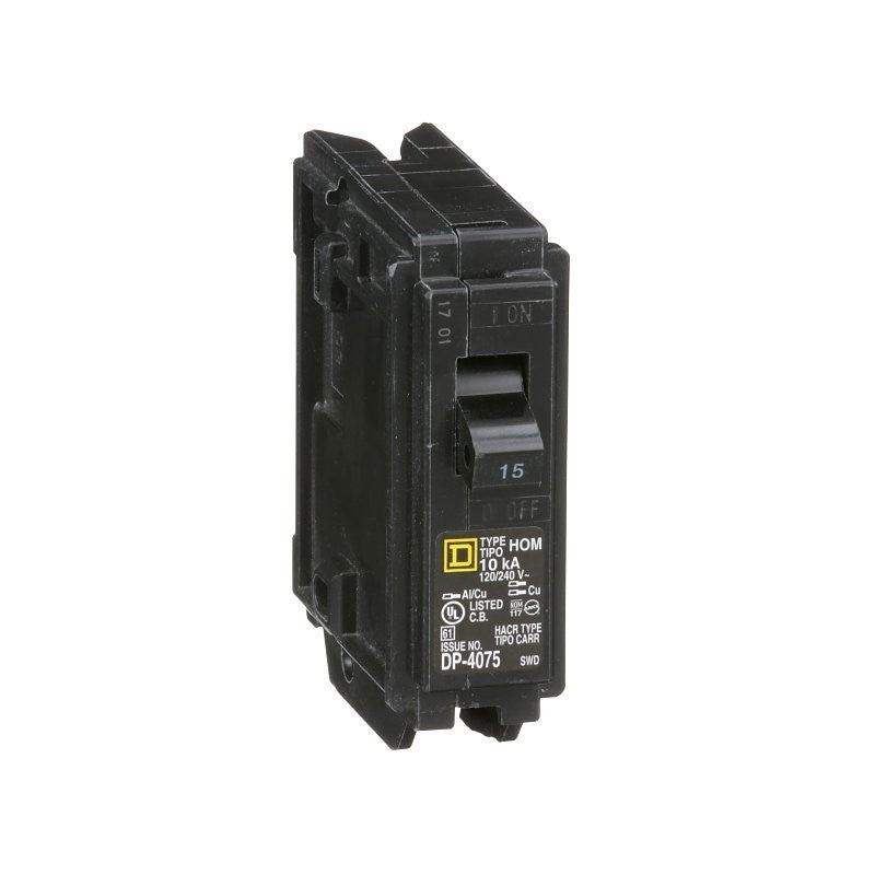 Square D Homeline HOM115CP Circuit Breaker, Mini, 15 A, 1-Pole, 120 V, Fixed Trip, Plug, Black