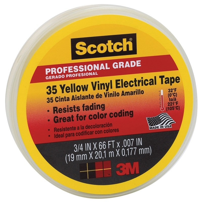 Scotch 10844-DL-5 Electrical Tape, 66 ft L, 3/4 in W, PVC Backing, Yellow