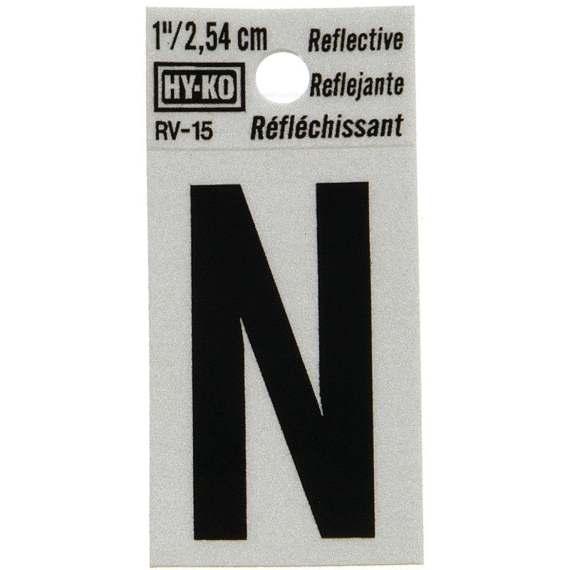 Hy-Ko RV-15/N Reflective Letter, Character: N, 1 in H Character, Black Character, Silver Background, Vinyl (Pack of 10)