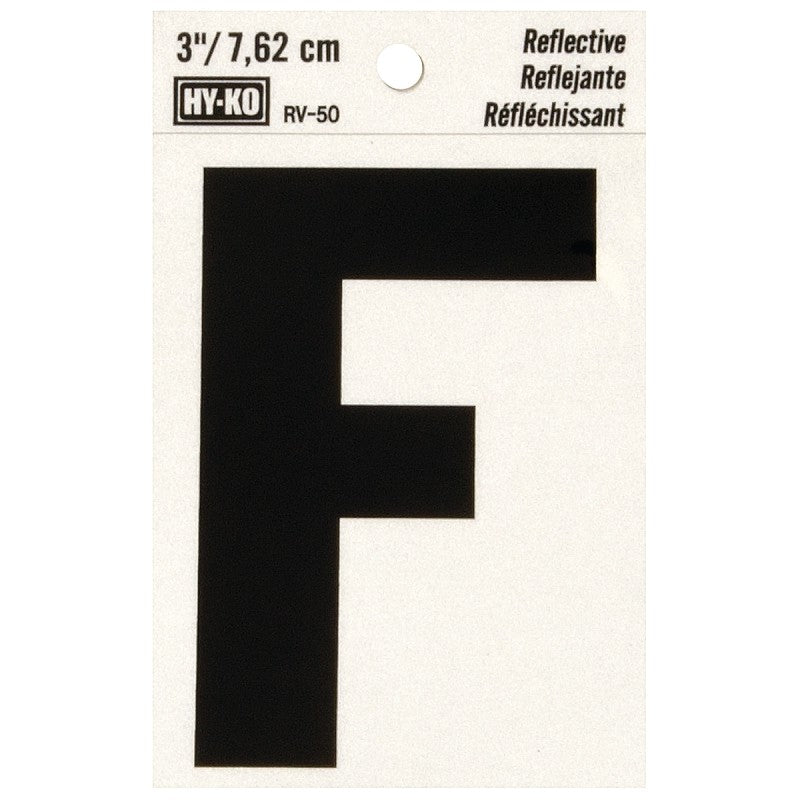 Hy-Ko RV-50/F Reflective Letter, 2-1/2 in W x 4 in H Dimensions, Character: F, 3 in H Character, Black Character, Vinyl (Pack of 10)