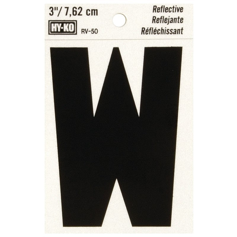 Hy-Ko RV-50/W Reflective Letter, 2-1/2 in W x 4 in H Dimensions, Character: W, 3 in H Character, Black Character, Vinyl (Pack of 10)
