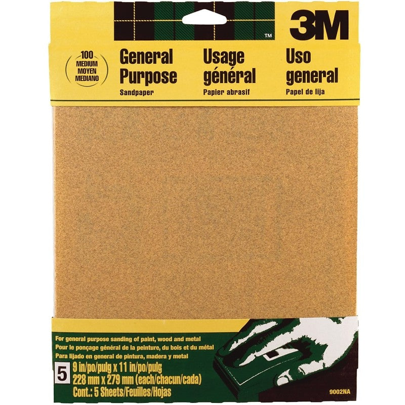 3M 9002 Sandpaper Sheet, 11 in L, 9 in W, Medium, 100 Grit, Aluminum Oxide Abrasive, Paper Backing