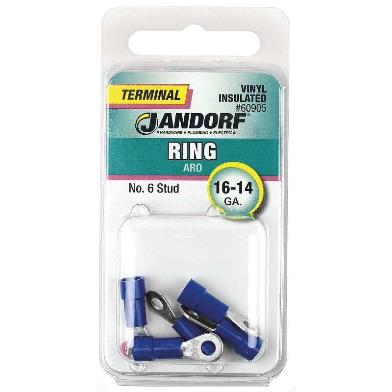 Jandorf 60905 Ring Terminal, 16 to 14 AWG Wire, #6 Stud, Vinyl Insulation, Copper Contact, Blue