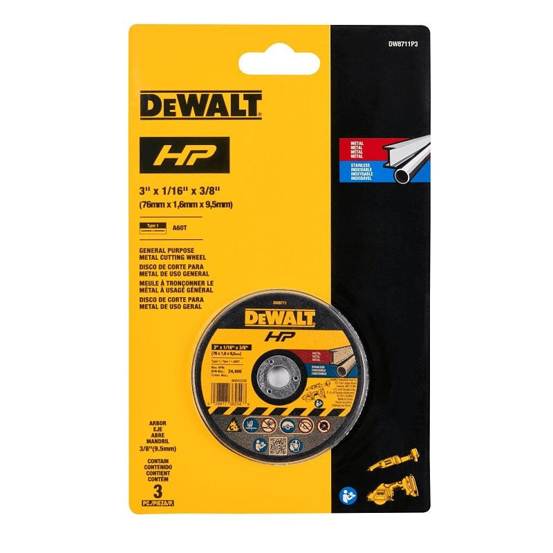 DEWALT DW8711P3 Bonded Cutting Wheel, 3 in Dia, 1/16 in Thick, 3/8 in Arbor