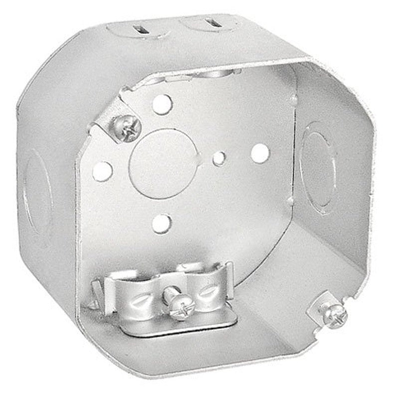 Southwire 54171-R-UPC Octagon Box, 4 in OAW, 2-1/8 in OAD, 7-Knockout, Steel Housing Material, Silver, Galvanized