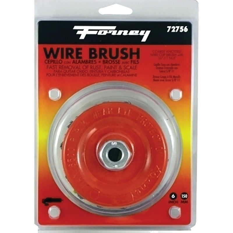 Forney 72756 Wire Cup Brush, 6 in Dia, 5/8-11 Arbor/Shank, 0.02 in Dia Bristle, Carbon Steel Bristle