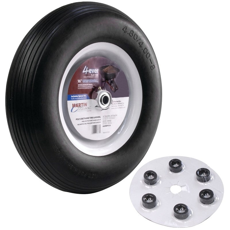 MARTIN Wheel 408RBPU32 Wheelbarrow Flat Free Wheel with Universal Hub, 4.8 x 4/8 in Tire, 16 in Dia Tire, Ribbed Tread