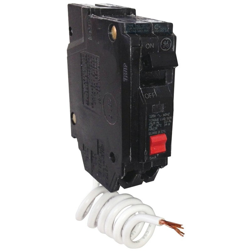 GE THQL1115GFTP Feeder Circuit Breaker, Thermal Magnetic, 15 A, 1-Pole, 120 V, Non-Interchangeable Trip, Plug