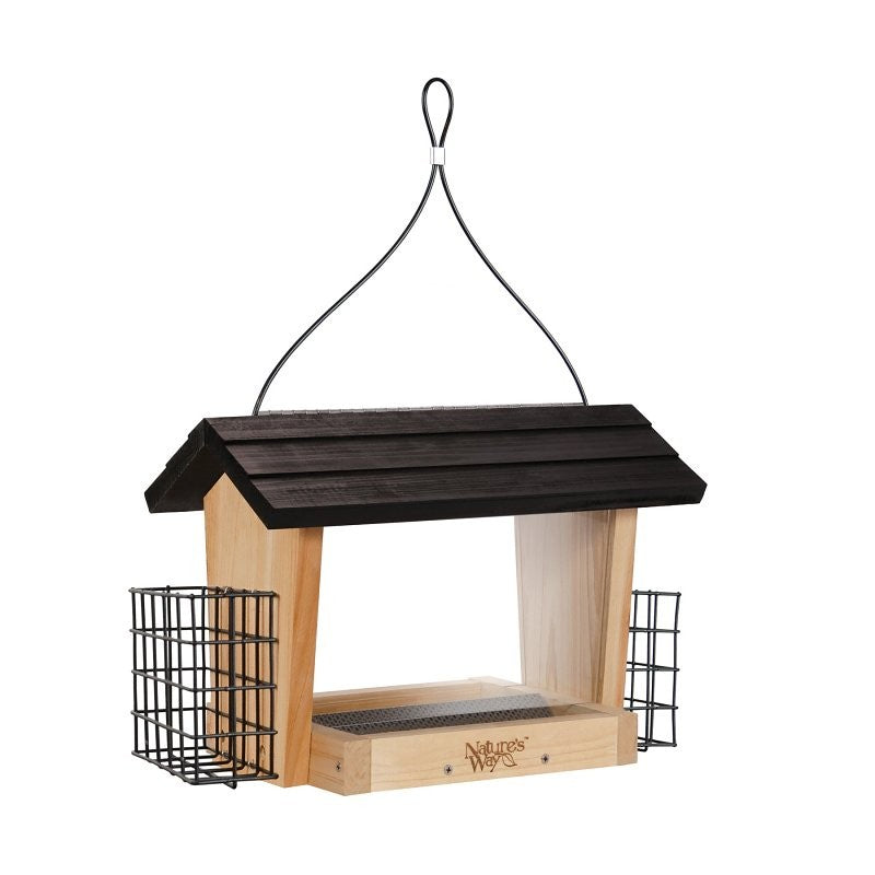 Nature's Way CWF19 Hopper Bird Feeder, 6 qt, Mixed Seeds, Suet Cake, Sunflower Seed, 1-Port/Perch, Cedar/Steel