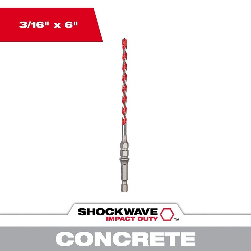 Milwaukee SHOCKWAVE Impact Duty 48-20-9096 Hammer Drill Bit, 3/16 in Dia, 6 in OAL, Percussion, Wide Flute, 1/4 in Dia Shank