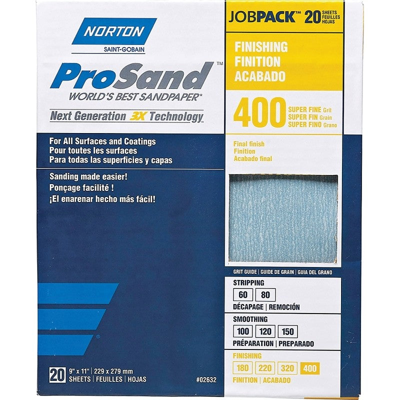 Norton ProSand 07660768165 Sanding Sheet, Tan, 11 in L, 9 in W, Super Fine, 400 Grit, Aluminum Oxide Abrasive