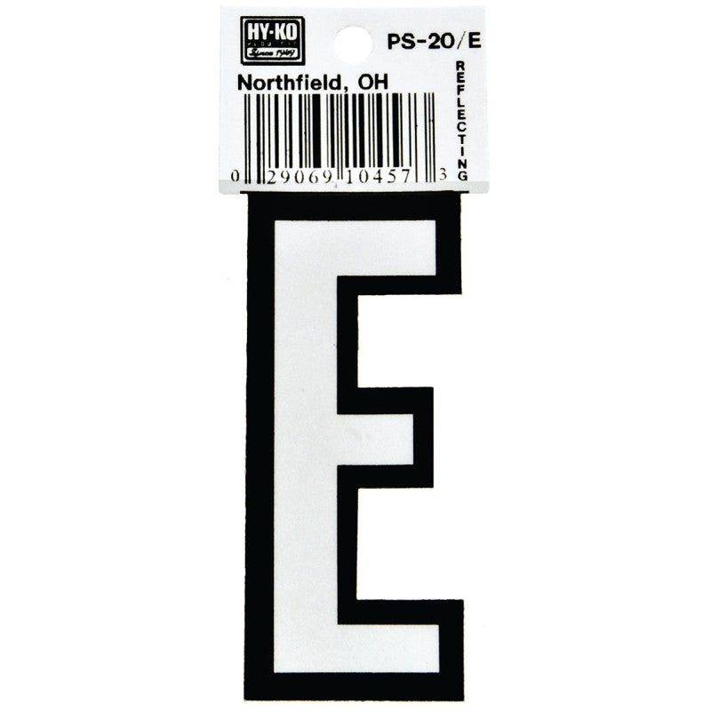 Hy-Ko PS-20/E Reflective Letter, Character: E, 3-1/4 in H Character, Black/White Character, Vinyl (Pack of 10)