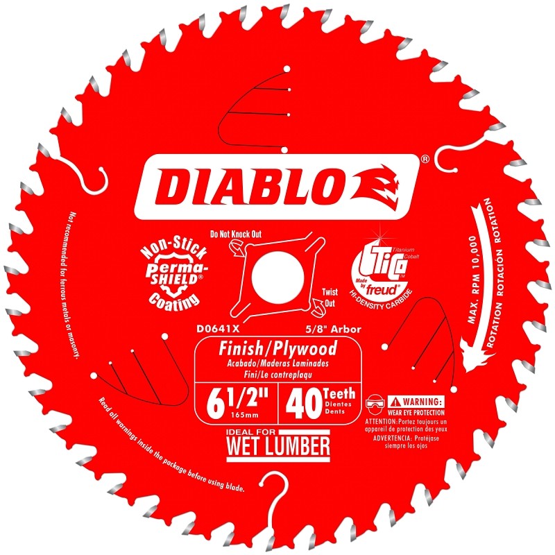Diablo D0641A Circular Saw Blade, 6-1/2 in Dia, 5/8 in Arbor, 40-Teeth, Applicable Materials: Hardwood, Plywood (Pack of 10)