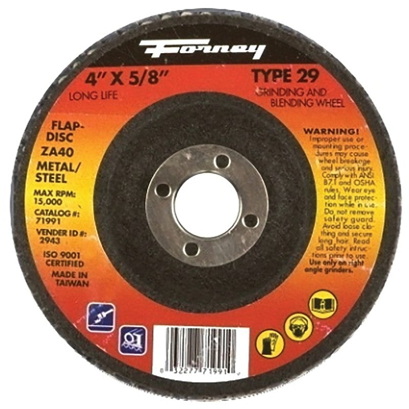 Forney 71991 Flap Disc, 4 in Dia, 5/8 in Arbor, 36 Grit, Medium, Zirconia Aluminum Abrasive, Fiberglass Backing