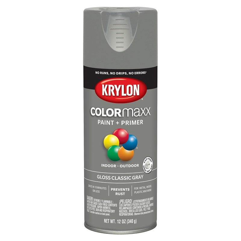 Krylon K05513007 Enamel Spray Paint, 12 oz Can, 25 sq-ft Coverage Area, Solvent Base, Gloss, Classic Gray