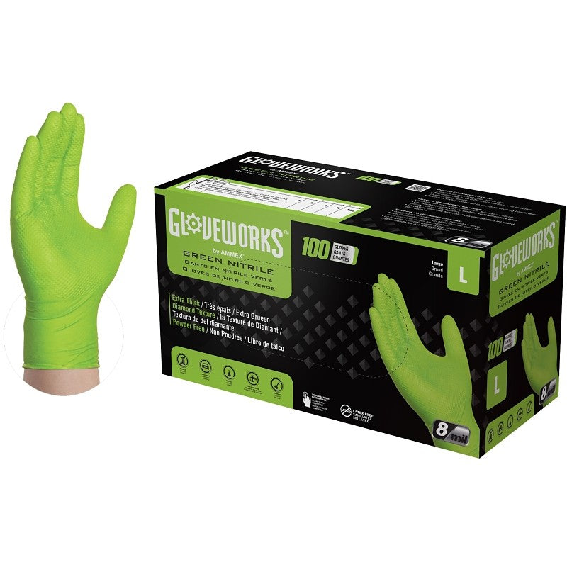 Gloveworks GWGN46100 Heavy-Duty Disposable Gloves, L, Nitrile, Powder-Free, Green, 9-1/2 in L