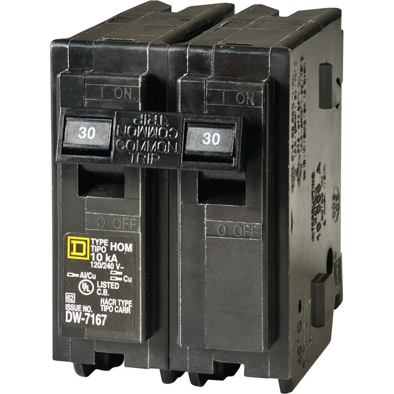 Square D Homeline HOM230C Circuit Breaker, Mini, 30 A, 2 -Pole, 120/240 V, Plug Mounting, Black