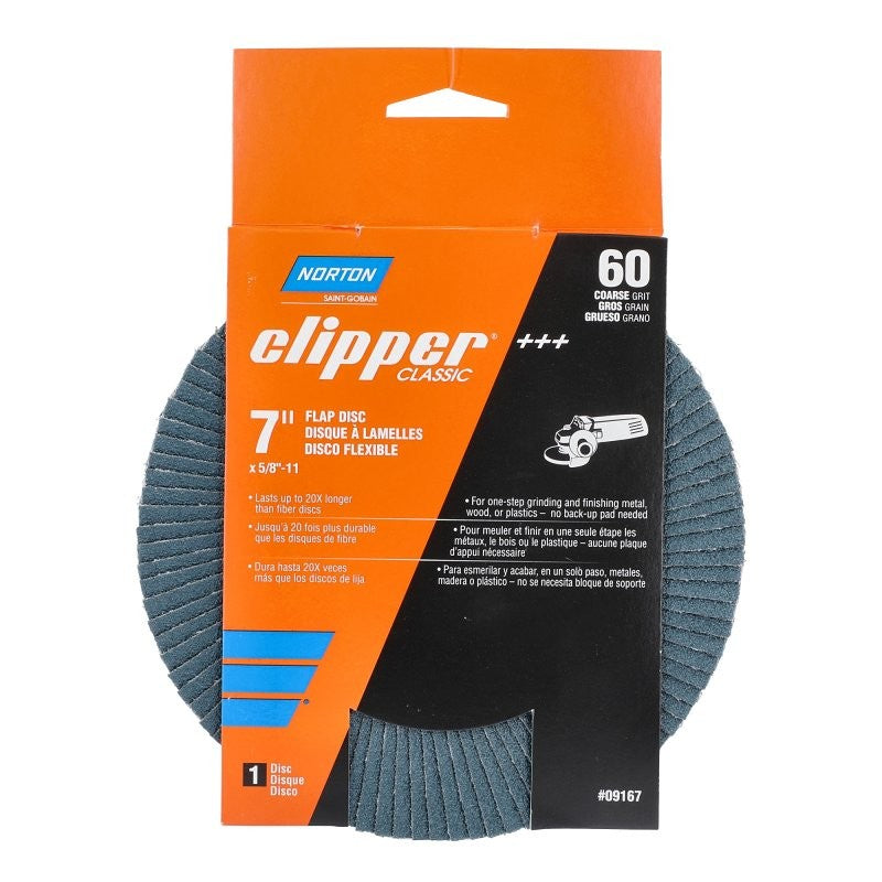 Norton Clipper 70184609167 Flap Disc, 7 in Dia, 5/8-11 Arbor, 60 Grit, Coarse, Zirconia Alumina Abrasive