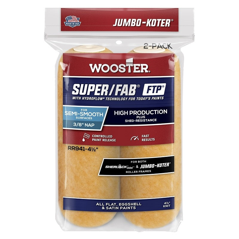 Wooster RR941-4 1/2 Roller Cover, 3/8 in Thick Nap, 4-1/2 in L, Fabric Cover, Lager