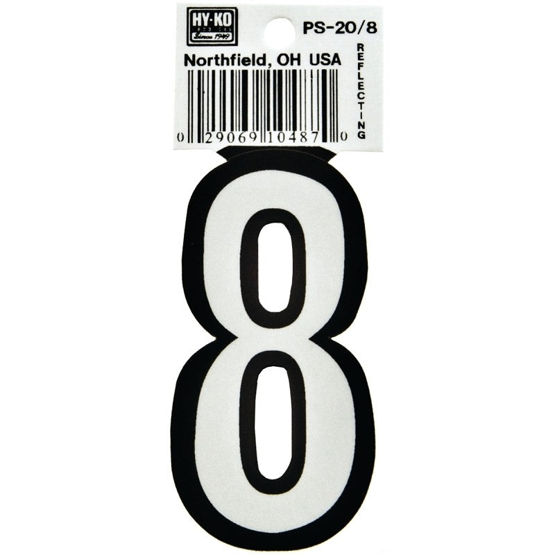 Hy-Ko PS-20/8 Reflective Sign, Character: 8, 3-1/4 in H Character, Black/White Character, Vinyl (Pack of 10)