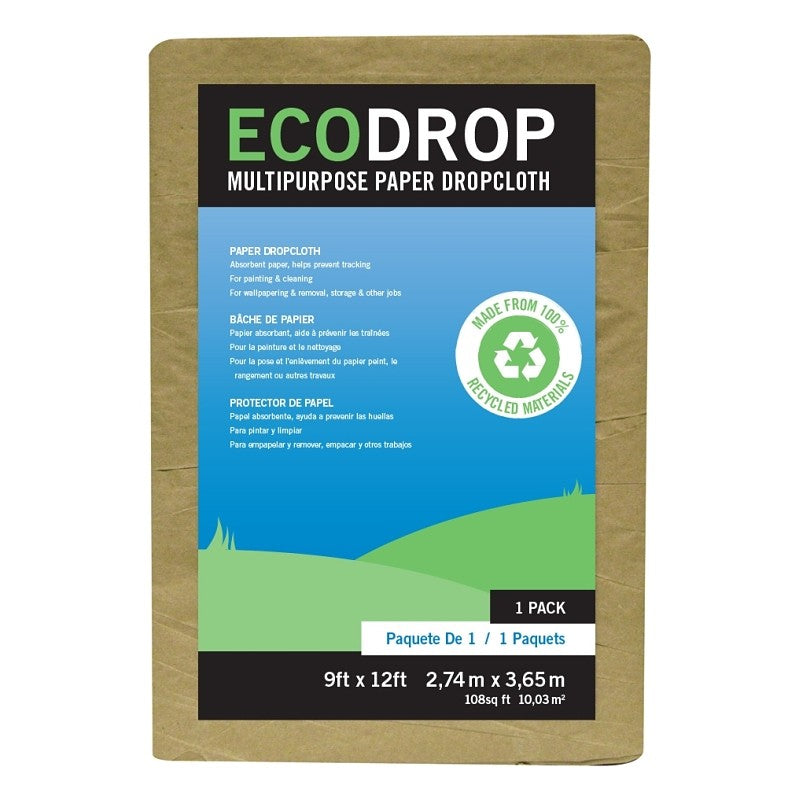 Trimaco ECODROP 02101 Drop Cloth, 12 ft L, 9 ft W, Paper, Tan