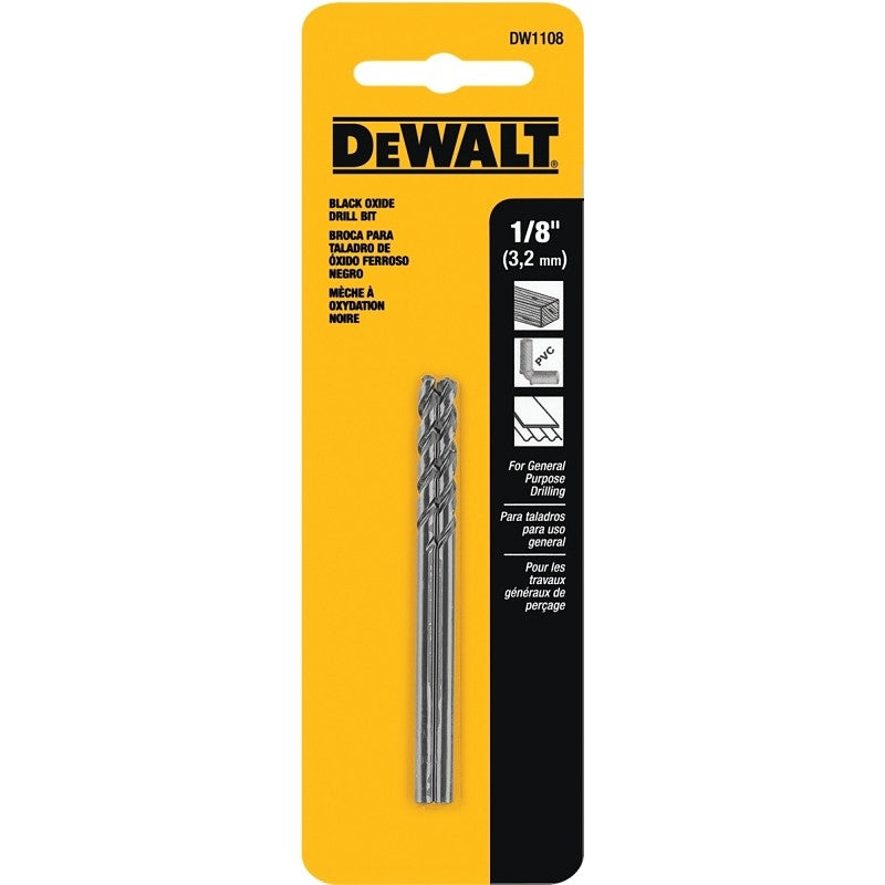 DEWALT DW1108 Jobber Drill Bit, 1/8 in Dia, 2-3/4 in OAL, Parabolic Flute, 1/8 in Dia Shank, Round Shank (Pack of 5)