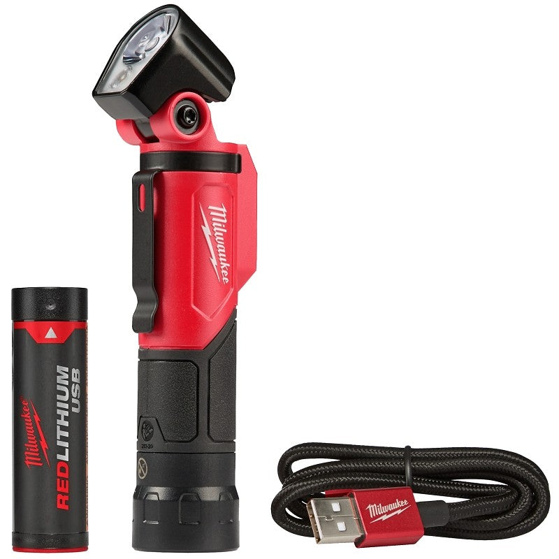 Milwaukee 2113-21 Pivoting Flashlight, Red Lithium Battery, LED Lamp, 500 Lumens Lumens, Flood, Spot Beam, Black/Red